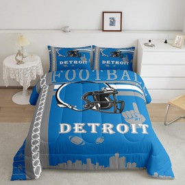 Feelyou Football Bedding Set Boys Girls Queen Size Detroit Comforter Set American Football Gifts for Football Fans Women Men Football City Comforter Rugby Sports Duvet Set Gray Blue Room Decor