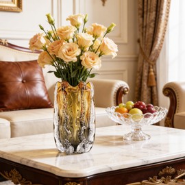 Blown Glass Bubble with Ruffled Edge Vase, Art Glass for Home Decor, Tall Vases for Centerpieces & Flowers, Crystal-Like for Bouquets & Pampas Grass, Vases Amber, Flower Bouquet Display (Yellow, L)