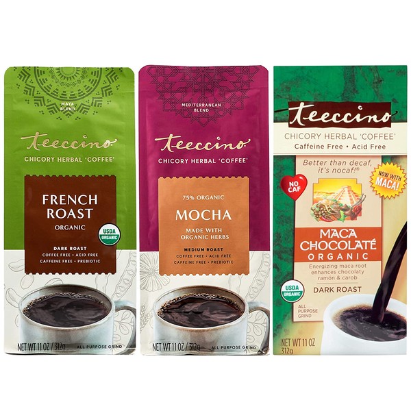 Teeccino Herbal Coffee Variety Pack – Mocha, French Roast, Maca Chocolaté – Chicory Coffee Alternative | Ground Coffee Substitute | Prebiotic | Caffeine Free | Acid Free | 11 ounce (Pack of 3)