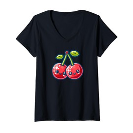 Womens Cute Cherry Friends Graphic Kawaii Fruit Designs For Kids V-Neck T-Shirt