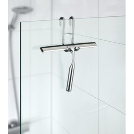 WENKO Taranto Shower Squeegee and Towel Hook with 2 Hooks for Bathroom and Toilet Made of Rustproof Stainless Steel 5 x 12 x 7.5 cm Glossy Silver