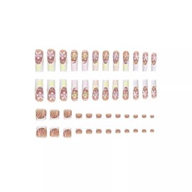 Press on Nails Long Square + Press on Toenail French Tip Fake Nails fake toe nails for Girls Nail Decoration Kit with Color Flower and White French False Nails Full Cover Stick on Toenails for Women
