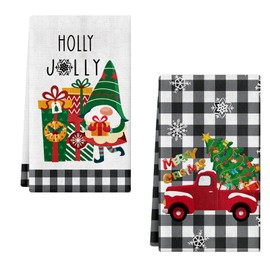 Lebsitey 2 Pack Christmas Kitchen Towels and Dish Towels, 16 x 24 Inch Christmas Plaid Truck Tree Gnome Gift Box Absorbent Drying Cloth Tea Towels for Cooking Baking (Truck)