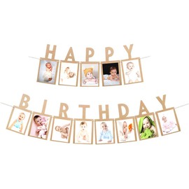 Happy Birthday Photo Banner, Vintage Kraft Card Paper Birthday Photo Frame Picture Album Photo Banners Bunting Garland for Kids and Adults Girls Birthday Party Decoration