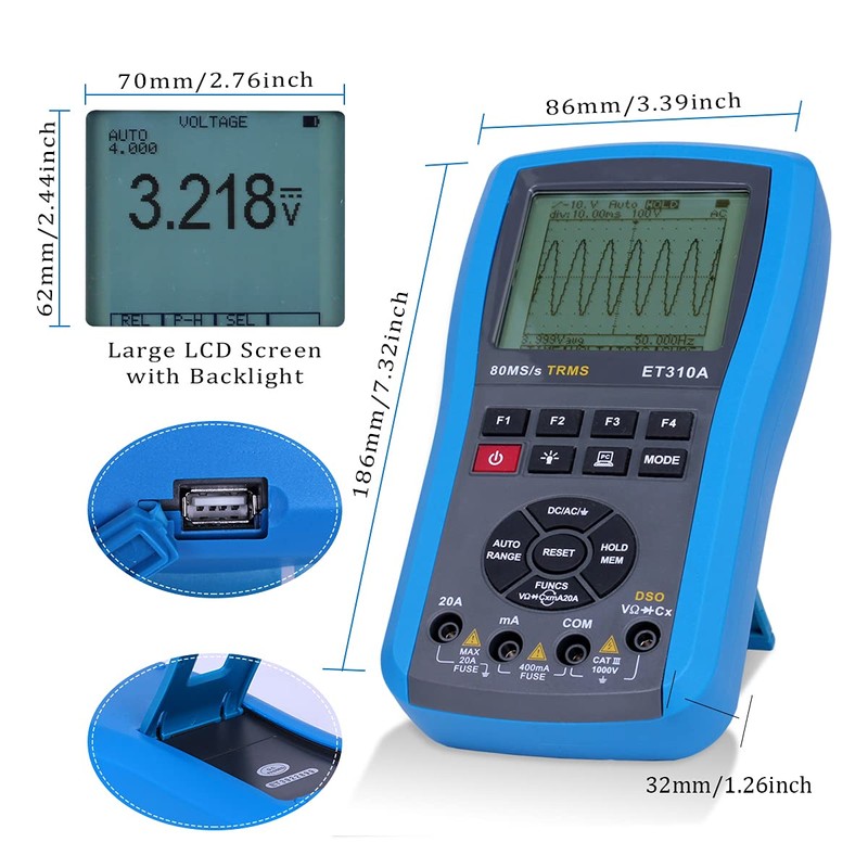 EONE ET310A Handheld Oscilloscope Multimeter, Computer Connectable, 80M Sampling Rate