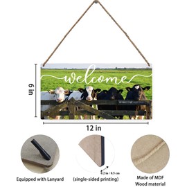 Mdulftar Wooden Welcome Sign for Rustic Farmhouse Decorations,Wall Hanging Welcome Sign for Front Door, Porch Decor, Cows Farm Cattle Grazing Welcome Sign, Rustic Wooden Door Hanger 12x6 Inch