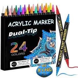 CNMTCCO Acrylic Pens for Stones, Waterproof, 24 Colours, 0.5-5 mm, Dual Tip (Fine Tip and Brush), Multi-Marker Acrylic for Painting, Paper, Rock, Wood, Egg, Canvas, Ceramic, Fabric, DIY Crafts