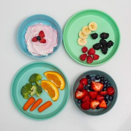 Grow Forward Bamboo Kids Plates and Bowls Sets - 8-Piece Dishwasher Safe Non Toxic Plates for Kids - Reusable Eco Friendly BPA Free Dishes Dinnerware Sets for Children - Rainforest