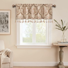 Loom and Mill Luxury Jacquard Valances for Living Room Kitchen Window, Vintage Floral Damask Window Curtain Valance with Tassels, Rod Pocket Short Curtain 1 Panel for Bedroom (Light Khaki,54"x18")