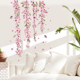 decalmile Hanging Blossom Flower Vine Wall Decals Pink Flower and Leaves Wall Stickers Bedroom Living Room Sofa TV Background Wall Decor