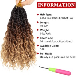 Xtrend 10 Inch 8 Packs Boho Box Braids Crochet Hair with Curly Ends 14 Strands/Pack Pre Looped Bohemian Messy Goddess Box Braids Hair Extensions Synthetic Bob Goddess Locs Hair for Black Women 53#