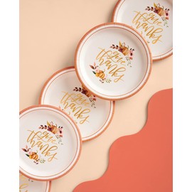 xo, Fetti Thanksgiving Gold Foil Plates - 25 count | Give Thanks Decorations, 9" Dinner Plate, Autumn Leaves, Pumpkins, Fall Table Decor