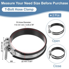 PATIKIL 113-121mm T-Bolt Hose Clamp, 2 Pack Rubber Cushioned Intake Intercooler Pipe Tube Clamps 304 Stainless Steel Radiator Hose Clamp for 4.45"-4.76" Pipe