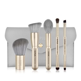 SIXPLUS Portable Makeup Brushes, 5-Piece Set, Soft to the Touch, Multi-functional Makeup Brush, Dedicated Makeup Tool, Powder Containing Power, Includes Makeup Pouch, Gray Gold