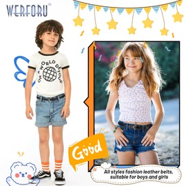 WERFORU Children's Skinny Belt Glitter PU Leather Belt for Girls Colourful Girls Belt with Gold Buckle for Jeans Dress, A-Black+Silver+Pink+Black