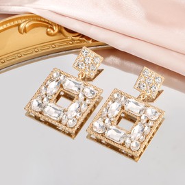 ATIMIGO Gold Rhinestone Square Statement Dangle Earrings Sparkly Crystal Geometric Drop Trendy Earrings hypoallergenic for Women Party Pageant