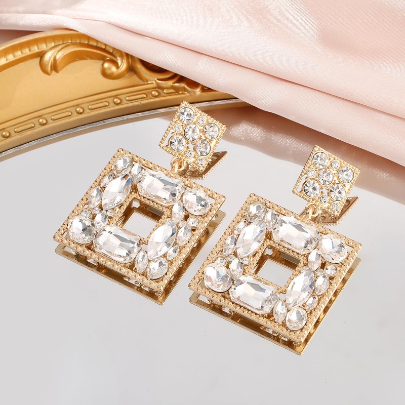 ATIMIGO Gold Rhinestone Square Statement Dangle Earrings Sparkly Crystal Geometric