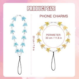 2pcs Beaded Phone Bracelet Strap, Crystal Butterfly Pearl Beaded Phone Charm Chain Strap Hand Wrist Lanyard for Telephone Keychain Charm for Women Girls (Blue, Yellow)