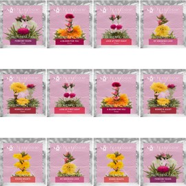 Teabloom - Juego de 12 flores de té florecientes atadas a mano, 36 mechones, 250 tazas, romántico juego de té de rosas para amantes del té, ingredientes seleccionados a mano de primera calidad