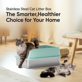 Stainless Steel Cat Litter Box with High Sides Lid, Extra Large XL for Big Cats,Open Top Metal Kitty (2PK-Macaron Green, 24" L x 16" W x 11" H)