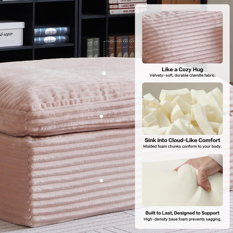 38.7" Large Square Ottoman, Cloud Pouf, Boneless, Dense Foam, Corduroy