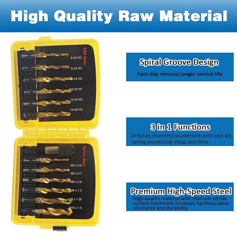 HSS Drill Tap Bit Set 13pcs,BeQell SAE/Metric Combination Drill Tap