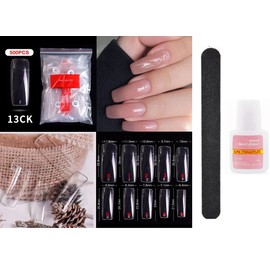 500 x False Artificial French Nail Kit Coffin, Ballerina Pointy Nail Art Acrylic Tips + Glue 10g + Nail File Nail extension Kit White Clear Natural fake nails with glue (KIT 13 CLEAR TIPS)