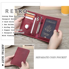 Contacts Full Grain Leather Airtag Passport Holder RFID Blocking Travel Passport Wallet Slim Passport Cover Case with 4 Cards Slots, Coin Pocket (Wine Red)