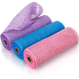3 Rolls Poly Burlap Deco Mesh -10 Inch Wide Deco Poly Decorative Mesh Ribbon Wrapping Ribbon Rolls for Home Door Wreath Decoration DIY Crafts Making (Pink, Light Purple, Lake Blue)