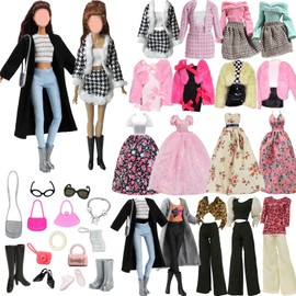 24 Pieces Fashion Dolls Clothes and Accessories, 11.5 Inch (29 cm) Fashion Dolls Outfit with Pepita Skirt, Black Coat & Windbreaker - Includes Shoes, Bag & Jewellery for Cool, Sweet and Elegant Styles