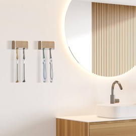 PARKMANI 2 PCS Toothbrush Holders Wall Mounted with Cover, Electric Tooth Brushing Holder for Bathroom, 2 Slots Self Adhesive Toothbrush Organizer, Toothbrush Stand for Family, Kids (2, Wood Grain)