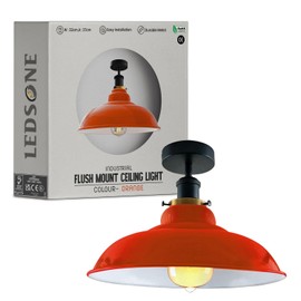 LEDSone Industrial Vintage Semi Flush-Mounted Ceiling Light Metal Bowl Shape Downlight Red Lampshade Living Room Indoor Decoration E27 Base (Orange)