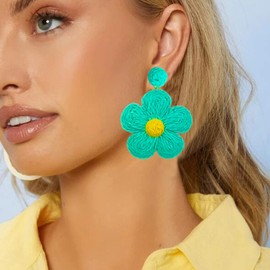 Raffia Earrings for Women Rattan Earrings Boho Raffia Straw Flower Drop Dangle Earrings Summer Beach Earrings for Teen Girls (B:green)