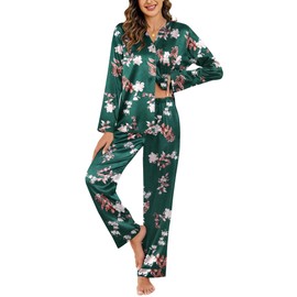 Ekouaer Silk Satin Pajamas Set Women's 2 Piece Pjs Long Pant Fall Soft Sleepwear Button Up Loungewear with Pockets Green-flower