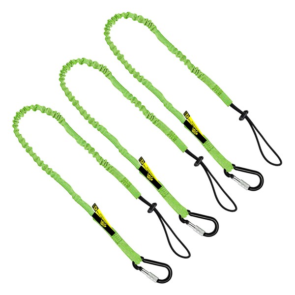 BearTOOLS Green Tool Lanyard with Aluminum Screw Lock Carabiner - Extend up to 165cm - Max Load 8KG / 17.6lb - Shock Absorbing Tool Tether For Working At Height, Scaffolding (3-Pack)
