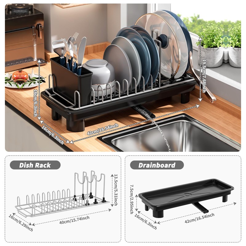 SanDream Small Dish Drying Rack with Removable Utensil Holder &