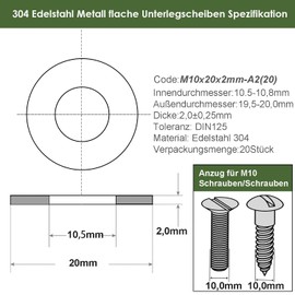AMLOOPH Washers M10, Large Flat Washers M10 x 20 mm Thickness 2 mm Stainless Steel Washers DIN125 A2 V2A (Pack of 20) M10 Washers Stainless Steel for Screws & Nuts & Threaded Rod