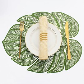Evevda Manteles individuales de vinilo con forma de hoja verde para mesa de comedor, juego de 6, manteles individuales de plástico metálico verde, lavables, 6 piezas de manteles individuales para mesa