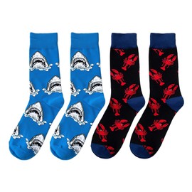 SLEEKEE 1 pair of socks with shark print and 1 pair of socks with lobster print, funny socks, creative socks, calf socks, gift socks, black, M