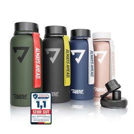 ABOVE. Stainless steel drinking bottle, 1 litre, double-walled, 2 drinking caps, BPA free, carbonated cap, suitable I thermos flask, 1 litre, fitness, sport, gym., olive