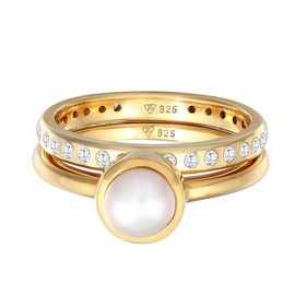 0610381521 Women's Ring Set of 2 Gold-Plated 925 Sterling Silver Band Rings with Freshwater Pearl and Zirconia, Stacking Rings for Women, Golden Women Jewellery Rings Size 52-58, Pearl, Zircon