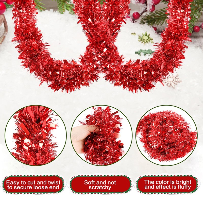 KIMOBER 20 Ft Christmas Tinsel Garland,Red Metallic Garland for Christmas
