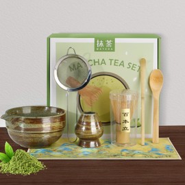 Necomi Matcha Whisk Set 7 Pcs- Japanese Traditional Tea Ceremony, Match Bowl with Spout, Whisk, Bamboo Scoop×2, Whisk Holder, Tea Cloth, Matcha Whisk Set Matcha Green Tea Making Kit (Classical Green)