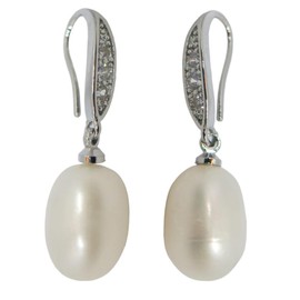 Platinium plated 75% Silver With Real Freshwater White Pearl Earring (8-9mm) decorated with White Swiss Diamond