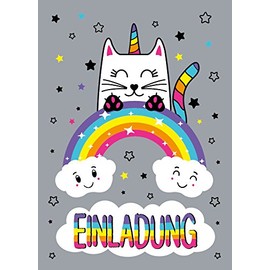JuNa-Experten 12 Invitation Cards Cat Unicorn Children's Birthday Girl Unicorn Birthday Invitations Birthday Party Card Set
