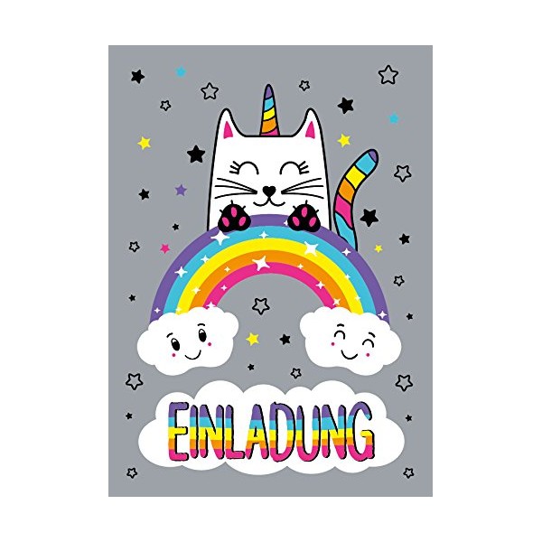 JuNa-Experten 12 Invitation Cards Cat Unicorn Children's Birthday Girl Unicorn