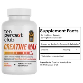 High Potency Creatine Max by The Ten Percent Club | 90 Capsules | 3000mg Serving | Creatine Monohydrate Capsules for Faster Muscle Recovery