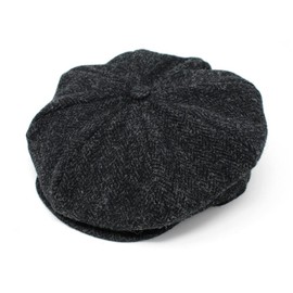 Hanna Hats Traditional Scottish Tweed Wool Eight Piece Cap Tweed - Black & Charcoal Herringbone. Unisex Newsboy Flat Cap. Button Crown and Taffeta Lining. 100% Made in Ireland. XL 62-63 cm.