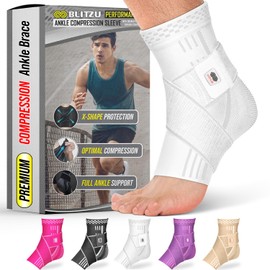 BLITZU Ankle Brace for Women, Men, Plantar Fasciitis Relief, Achilles Tendonitis Brace for Sprained Foot, Ankle Compression Sleeve with Strap White S