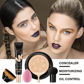 2PCS Mushroom Head Air Cushion CC Cream, Moisturizing Lasting Oil Control BB Cream for All Skin Types, Full Coverage Concealer Liquid Foundation Face Makeup Set with Foundation Brush & Makeup Sponge B